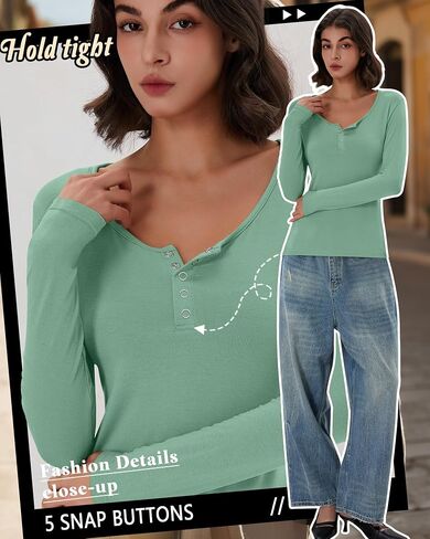 3 Pack Women's Henley Tops Fall Cotton Long Sleeve Button T Shirts Casual Trendy Slim Fit U Neck Basic Tight Tee in Saudi Arabia