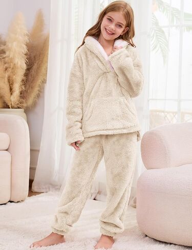 Flygo Girls Fuzzy Pants Set Fleece Outfits Winter Flannel Loose Fluffy Pullover Sweatshirt Top Pants Sweatsuit 5-14Y in Kuwait