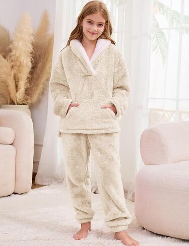Flygo Girls Fuzzy Pants Set Fleece Outfits Winter Flannel Loose Fluffy Pullover Sweatshirt Top Pants Sweatsuit 5-14Y in Kuwait