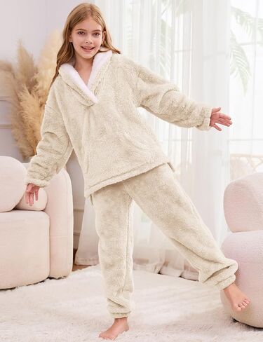 Flygo Girls Fuzzy Pants Set Fleece Outfits Winter Flannel Loose Fluffy Pullover Sweatshirt Top Pants Sweatsuit 5-14Y in Kuwait