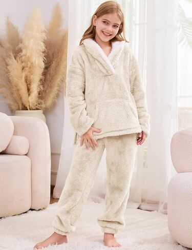 Flygo Girls Fuzzy Pants Set Fleece Outfits Winter Flannel Loose Fluffy Pullover Sweatshirt Top Pants Sweatsuit 5-14Y in Kuwait