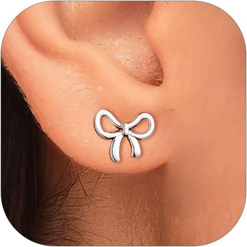 FOCALOOK أقراط نسائية، 14 قيراط من الذهب والفضة على شكل شريط مرصع للنساء، أقراط فيونكة عصرية لطيفة، أنيقة وبسيطة حلق خلفي مسطح مجوهرات لا تسبب الحساسية in Kuwait