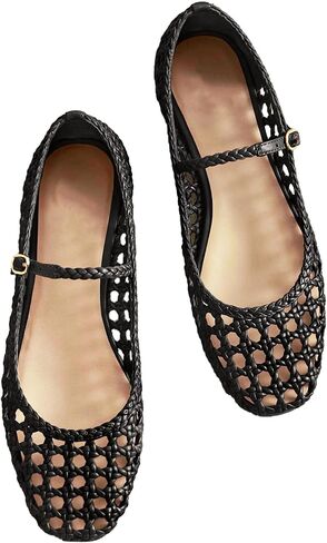 حذاء باليه شبكي منسوج للنساء مع حزام بإبزيم معدني، حذاء راقصة باليه مسطح مريح بمقدمة مستديرة مسطح ماري جين. in Kuwait