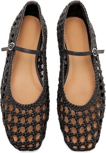حذاء باليه شبكي منسوج للنساء مع حزام بإبزيم معدني، حذاء راقصة باليه مسطح مريح بمقدمة مستديرة مسطح ماري جين. in Kuwait