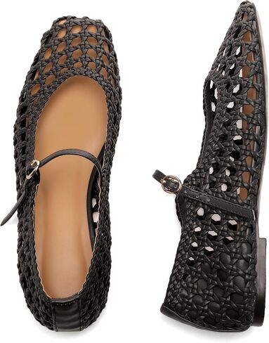 حذاء باليه شبكي منسوج للنساء مع حزام بإبزيم معدني، حذاء راقصة باليه مسطح مريح بمقدمة مستديرة مسطح ماري جين. in Kuwait