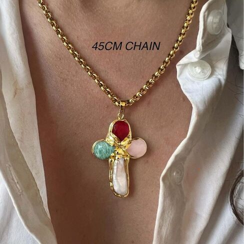 Colorful Cross Zircon Pendant Necklace, Dainty Gold Cross Pendant Necklace, Adjustable Chain Jewelry for Women in Saudi Arabia