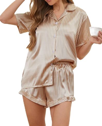 Silky Satin Pajamas for Women, Soft Short-Sleeve Button-Up Top Drawstring Shorts - Classic Pinstripe Satin PJ Set in Saudi Arabia