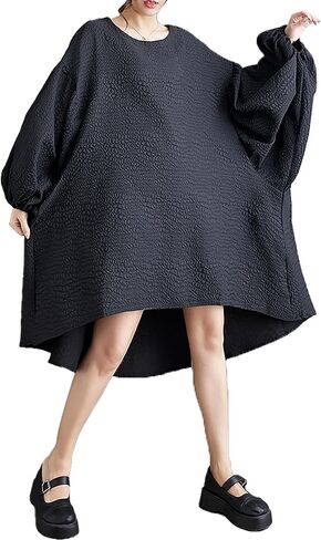 ellazhu Women's Dress Long Sleeve Crewneck Flowy High Low Hem Loose Oversize Casual Fall GZ261 in Saudi Arabia