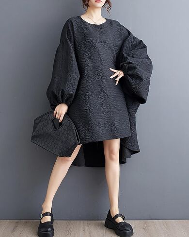 ellazhu Women's Dress Long Sleeve Crewneck Flowy High Low Hem Loose Oversize Casual Fall GZ261 in Saudi Arabia