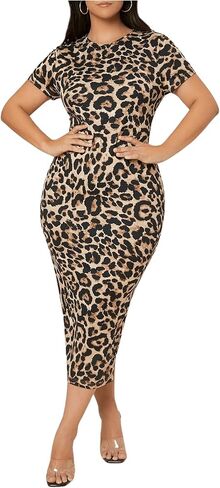 WDIRARA Women's Plus Size Leopard Print Dress Short Sleeve Split Back Bodycon Dress in Saudi Arabia