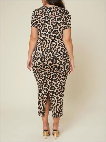 WDIRARA Women's Plus Size Leopard Print Dress Short Sleeve Split Back Bodycon Dress in Saudi Arabia