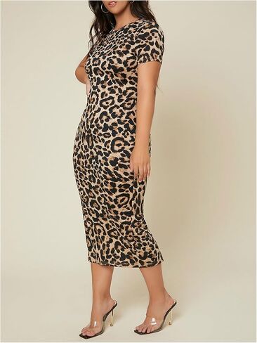 WDIRARA Women's Plus Size Leopard Print Dress Short Sleeve Split Back Bodycon Dress in Saudi Arabia