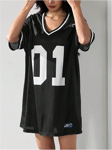 Verdusa Women's Jersey Shirts Dress Graphic Short Sleeve V Neck Loose Casual Short Dresses in Saudi Arabia