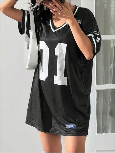 Verdusa Women's Jersey Shirts Dress Graphic Short Sleeve V Neck Loose Casual Short Dresses in Saudi Arabia