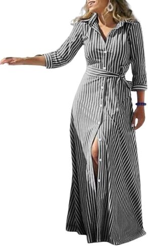 utcoco Women's 2025 Spring Summer Casual Striped Maxi Dress Button Down Shirt Dress with Belt in Saudi Arabia