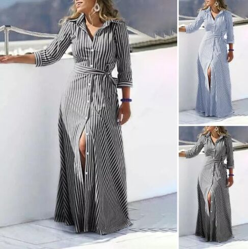 utcoco Women's 2025 Spring Summer Casual Striped Maxi Dress Button Down Shirt Dress with Belt in Saudi Arabia