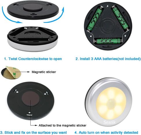 Motion Sensor Light Indoor, Searik Magnetic LED Night Light Battery Powered Step Lights Stair Closet Light Under Cabinet Lighting Stick On Anywhere Lamp for Home Kitchen Hallway Cabinet Bathroom in Kuwait
