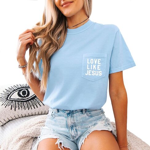 Love Like Jesus Pocket T-Shirt Women Christian Garment Dyed Short Sleeve Shirts Jesus Faith Cross Graphic Casual Loose Tee Tops Brick in Saudi Arabia