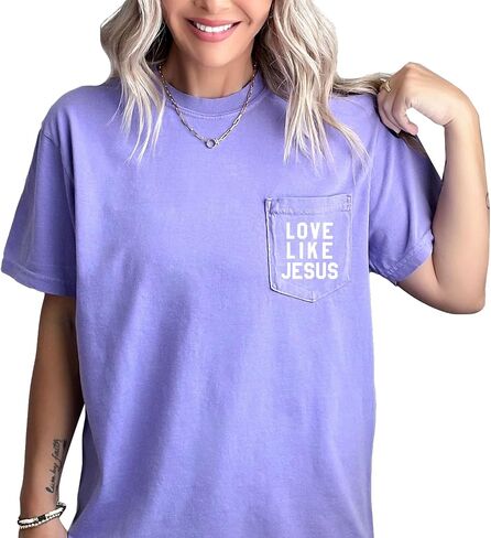Love Like Jesus Pocket T-Shirt Women Christian Garment Dyed Short Sleeve Shirts Jesus Faith Cross Graphic Casual Loose Tee Tops Brick in Saudi Arabia