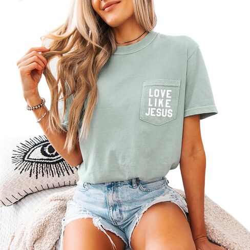 Love Like Jesus Pocket T-Shirt Women Christian Garment Dyed Short Sleeve Shirts Jesus Faith Cross Graphic Casual Loose Tee Tops Brick in Saudi Arabia