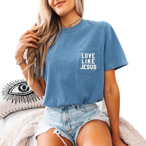 Love Like Jesus Pocket T-Shirt Women Christian Garment Dyed Short Sleeve Shirts Jesus Faith Cross Graphic Casual Loose Tee Tops Brick in Saudi Arabia