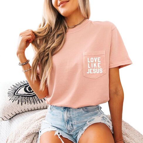 Love Like Jesus Pocket T-Shirt Women Christian Garment Dyed Short Sleeve Shirts Jesus Faith Cross Graphic Casual Loose Tee Tops Brick in Saudi Arabia