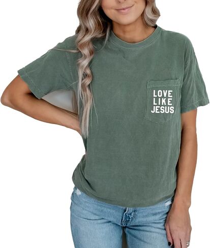 Love Like Jesus Pocket T-Shirt Women Christian Garment Dyed Short Sleeve Shirts Jesus Faith Cross Graphic Casual Loose Tee Tops Brick in Saudi Arabia