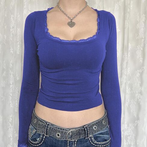 Women Lace Trim Long Sleeve T-Shirts Fairy Aesthetic Slim Fit Crop Tops Basic Blouse Y2k Teen Girls Streetwear in Saudi Arabia
