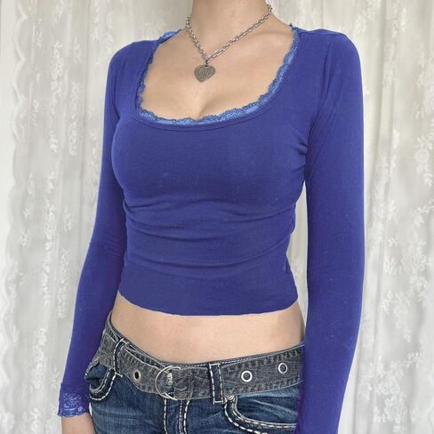 Women Lace Trim Long Sleeve T-Shirts Fairy Aesthetic Slim Fit Crop Tops Basic Blouse Y2k Teen Girls Streetwear in Saudi Arabia