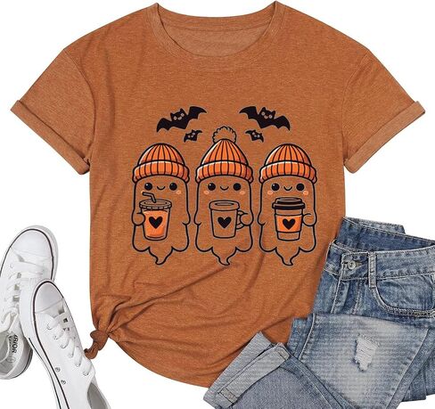 Women Funny Cute Boo Ghost Halloween Thanksgiving Fall Pumpkin Spooy Season Letter Print Graphic Short Sleeve Tee Shirt in Saudi Arabia