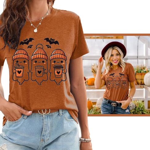 Women Funny Cute Boo Ghost Halloween Thanksgiving Fall Pumpkin Spooy Season Letter Print Graphic Short Sleeve Tee Shirt in Saudi Arabia
