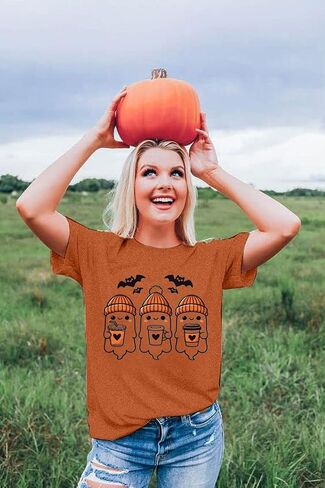 Women Funny Cute Boo Ghost Halloween Thanksgiving Fall Pumpkin Spooy Season Letter Print Graphic Short Sleeve Tee Shirt in Saudi Arabia