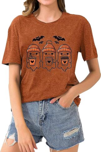 Women Funny Cute Boo Ghost Halloween Thanksgiving Fall Pumpkin Spooy Season Letter Print Graphic Short Sleeve Tee Shirt in Saudi Arabia