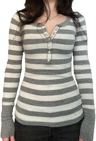 Women Fairy Grunge Y2k Long Sleeve Shirt Striped Crewneck Tee Shirt 90s Vintage Gothic Tops Teen Girls Streetwear in Saudi Arabia