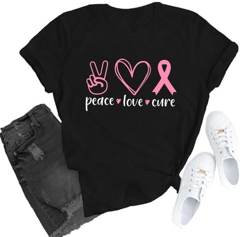 Breast Cancer Awareness Shirts for Women Pink Ribbon T-Shirt Peace Love Cure Pink Leopard Heart Tee Tops in Saudi Arabia
