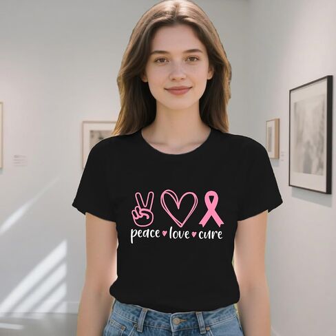 Breast Cancer Awareness Shirts for Women Pink Ribbon T-Shirt Peace Love Cure Pink Leopard Heart Tee Tops in Saudi Arabia