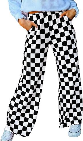 Womens Checkered Pants Y2K Pajama Pants Elastic Waist Wide Leg Lounge Pants Comfy Pj Bottoms with Pockets Loungewear in Kuwait
