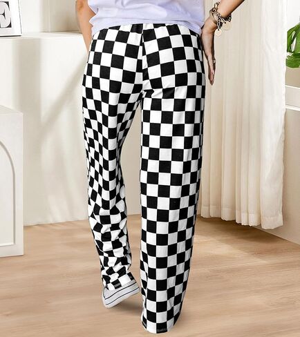 Womens Checkered Pants Y2K Pajama Pants Elastic Waist Wide Leg Lounge Pants Comfy Pj Bottoms with Pockets Loungewear in Kuwait