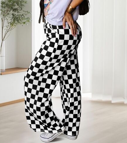 Womens Checkered Pants Y2K Pajama Pants Elastic Waist Wide Leg Lounge Pants Comfy Pj Bottoms with Pockets Loungewear in Kuwait