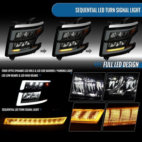 Ronnin - Fits 2015-2020 Chevy Tahoe Suburban Full LED DRL Headlights Switchback Sequential Turn Signal + Animated Startup Effect Assembly Pair | Black Smoke in Saudi Arabia