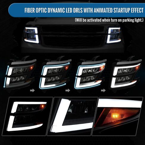Ronnin - Fits 2015-2020 Chevy Tahoe Suburban Full LED DRL Headlights Switchback Sequential Turn Signal + Animated Startup Effect Assembly Pair | Black Smoke in Saudi Arabia