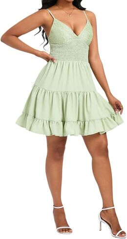 Sexy Flowy Ruffled Hem Womens Casual Dress with Spaghetti Straps V-Neck Slimming Waist Lace Sundress for Party in Saudi Arabia