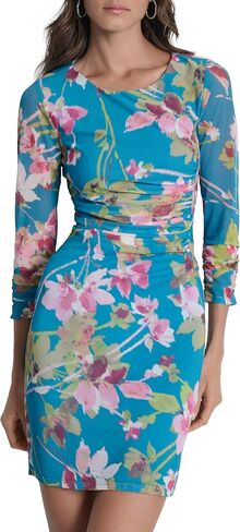 DKNY Women's 3/4 Sleeve Jewel Neck Ruched Bodice Mini Dress in Saudi Arabia