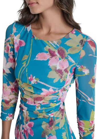 DKNY Women's 3/4 Sleeve Jewel Neck Ruched Bodice Mini Dress in Saudi Arabia