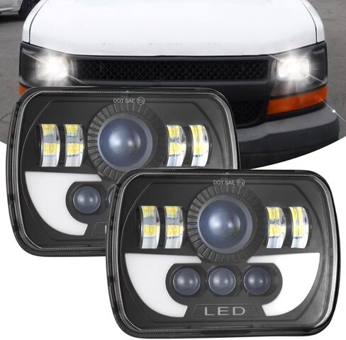 المصابيح الأمامية 5 × 7 7 × 6 مع DRL وإشارة الانعطاف، مصباح أمامي زينون أبيض H6054 H5054 سطوع 800% متوافق مع 1996-2017 جي إم سي سافانا 1500 2500 3500، شعاع مغلق عالي/منخفض، IP68، حزمة من 2 in Kuwait