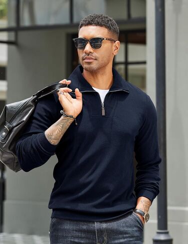 COOFANDY Men's Quarter Zip Up Pullover Slim Fit Mock Neck Long Sleeve Sweaters Casual Corduroy Polo Sweatshirt in Saudi Arabia