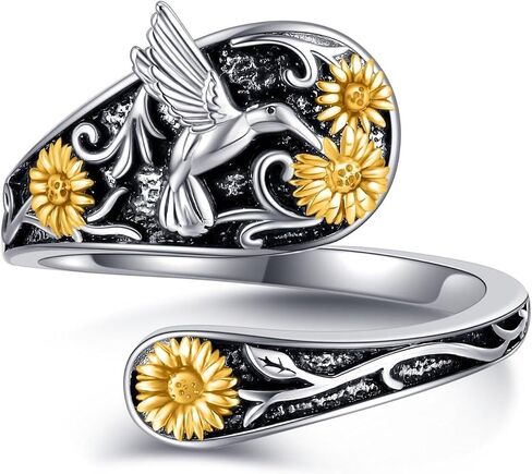 Hummingbird Spoon Ring 925 Sterling Silver Hummingbird Sunflower Adjustable Rings Bird Jewelry Present for Women Mom in Saudi Arabia