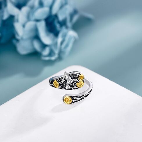 Hummingbird Spoon Ring 925 Sterling Silver Hummingbird Sunflower Adjustable Rings Bird Jewelry Present for Women Mom in Saudi Arabia