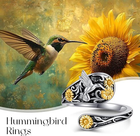 Hummingbird Spoon Ring 925 Sterling Silver Hummingbird Sunflower Adjustable Rings Bird Jewelry Present for Women Mom in Saudi Arabia