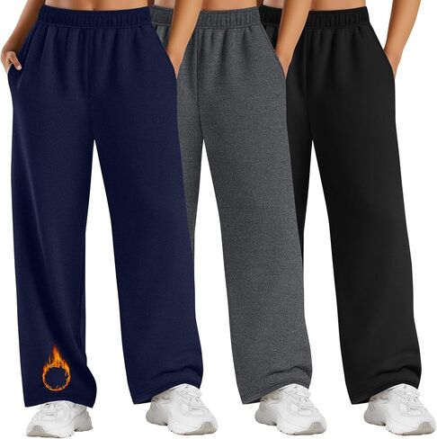3 Pack Women's Plus Size Fleece Sweatpants Thermal Wide Leg Elastic Baggy Jogger Warm Pants Winter with Pockets in Saudi Arabia